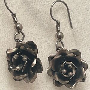 Vintage Sterling Silver Rose Dangle Earrings, Artisan Floral Design, Western